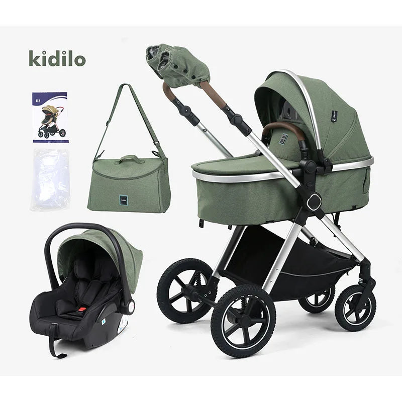 Drei-in-eins-Kinderwagen mit hoher Sicht und Autositz, Mamatasche, Kinderwagen zum Sitzen und Liegen, tragbarer Kinderwagen