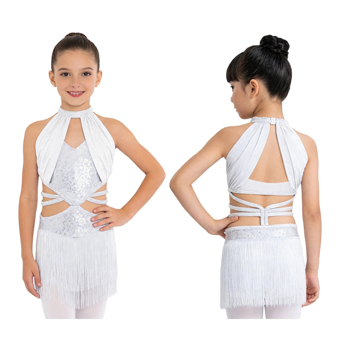 Glitzerndes Pailletten-Lateintanzkleid für Mädchen, Salsa, Jazz, Tango, ärmellos, gerüschtes Mesh-Overlay, Oberteil mit Quasten, Leotard-Kleid