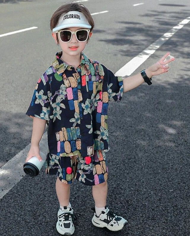 Bedrucktes Hemd, koreanische Kleidung, Kinder-Oberteil, Kinder ab 8–12 Jahren, Sommeranzug für Jungen, Kinder, Jungen, Kleidungsset, 4-altes Kostüm 7