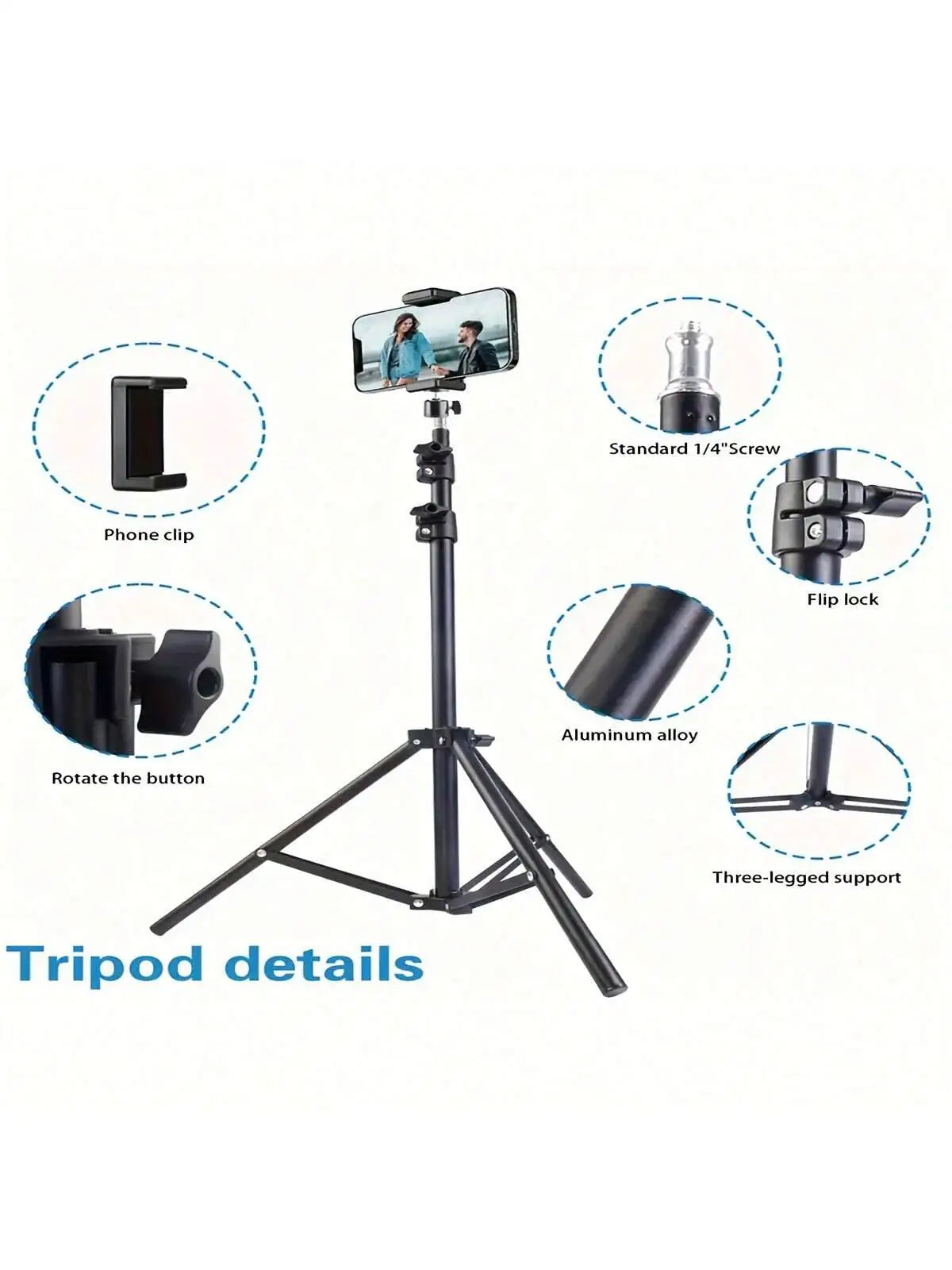1 Stück 63-Zoll-Stativ mit klappbarem Stativ und Telefonhalterclip, 160,02 cm, multifunktionales Stativ, Stativ für Telefon und Kamera