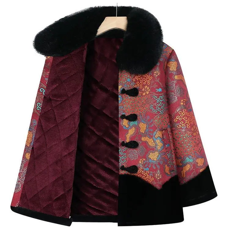 Chinesischer Stil, floraler, mit Fleece gefütterter Mantel für ältere Frauen, Kunstpelzkragen, Tang-Anzug, warme Winter-Oma-Oberbekleidung