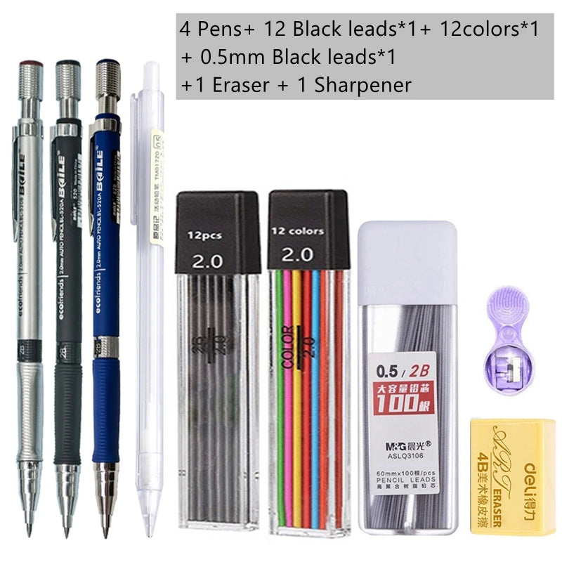Druckbleistift-Set 2,0 mm mit 2B-Schwarz/Farben-Minenminen zum Schreiben, Skizzieren, Kunst, Zeichnen, Malen, Schule, automatischer Bleistift