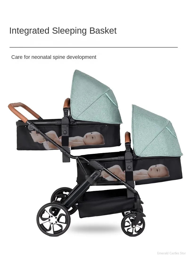 3-in-1-Zwillings-Kinderwagen mit Autositz für zwei Kinder, faltbar, stoßdämpfender Kinderwagen mit hoher Landschaft