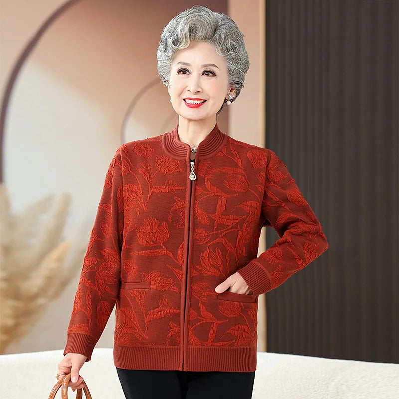 Plus Size Frauen drucken Strickjacke Mantel mittleren Alters Mutter schlanke Pullover Jacke Oma Winter Plüsch warme Kleidung