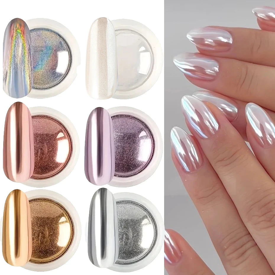 6 Stück Chrom-Spiegel Weißes Nagelpulver Pigment Gold Silber Reibpulver Holographisches Aurora Schillerndes Metallisches Nagelkunst-Dekorationspulver