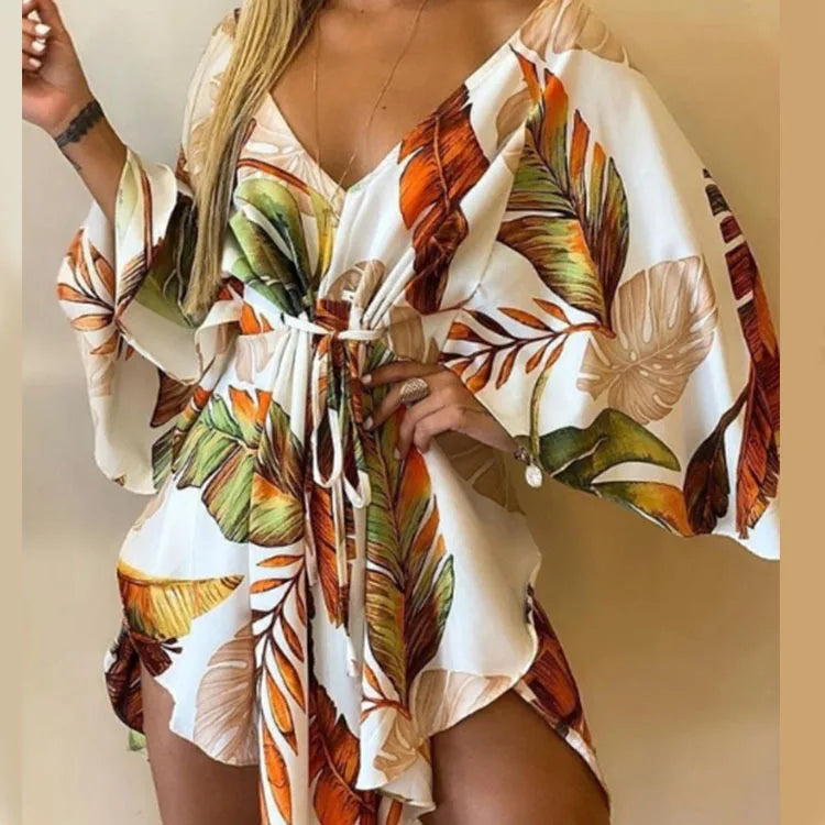 Frauen Print Kleid Sexy V-ausschnitt Fledermaus Ärmel Rüschen Blumen Drucken Böhmischen Strand Sommerkleid Damen Lose Sommer Urlaub Mini Kleider