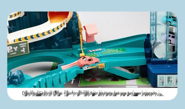 Elektrische Schienenauto Dinosaurier Gebäude Parkplatz Abenteuer Racing Schienenauto Spielzeug Kinder Gehirn Mechanische Interaktive Schienenautos