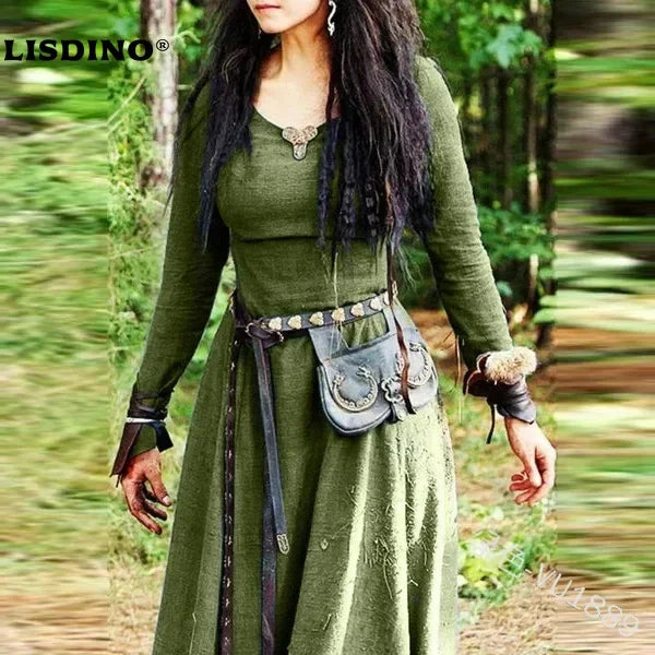 LisdinoMedieval Kleid Frauen Langarm Maxi Robe Vintage Fee Elfen Kleid Renaissance Keltische Viking Gothic Cosplay Kostüme