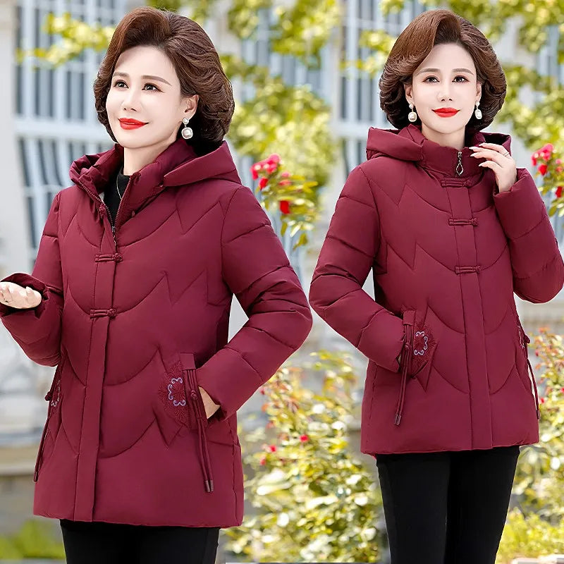 Frauen Winter Puffer Baumwolle Gefütterte Jacke Oma Mit Kapuze Fleece Dicke Parkas Warme Lose Retro Stickerei Schnee Mantel Lose Weibliche