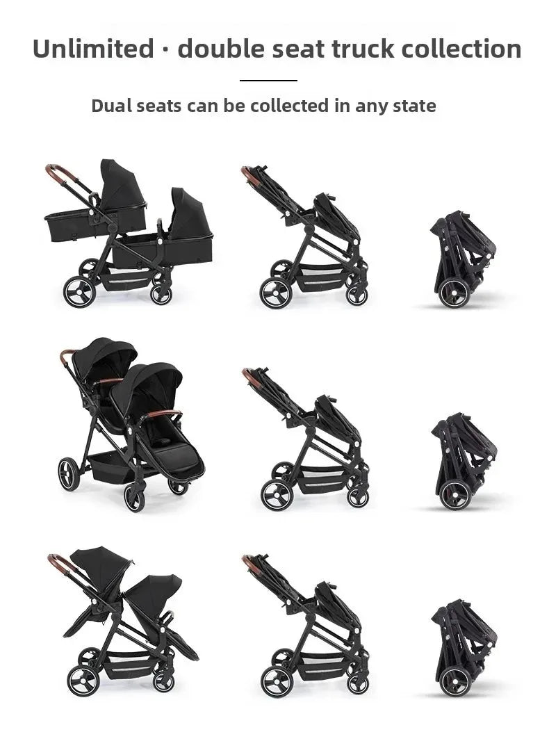 3-in-1-Kinderwagen für Zwillinge mit Autositz. Leichter, kleiner, gefalteter Handgepäck-Kinderwagen, multifunktionale Kinderwagen