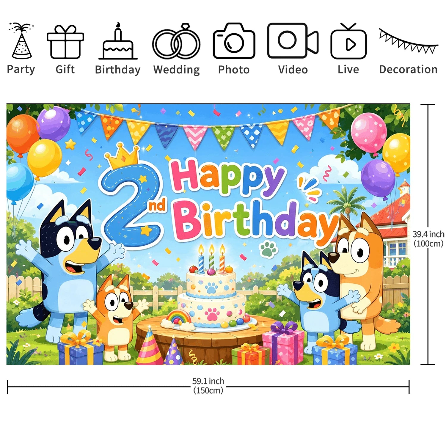 Kinder 2 Jahre Geburtstag Stoff-Hintergrund Bluey Themenparty Cartoon-Dekoration Kuchen Ballons Flaggen Geschenke Fotowand Kinderparty