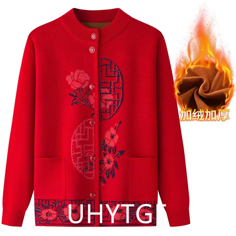 2025 Oma Pullover Frauen Frühling Herbst Pullover Mantel Mutter Strickjacke Für Frau Samt Strickwaren Weibliche Kleidung 5XL 2898
