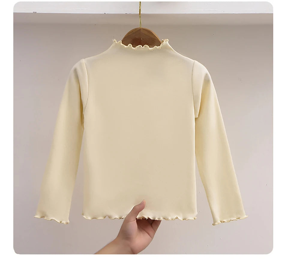 Kinder Kleidung Neue Mädchen Basis Shirt Für Herbst und Winter Kinder Trendy Schwarz Pilz Rand Einfarbig Lange Ärmeln T-shirt