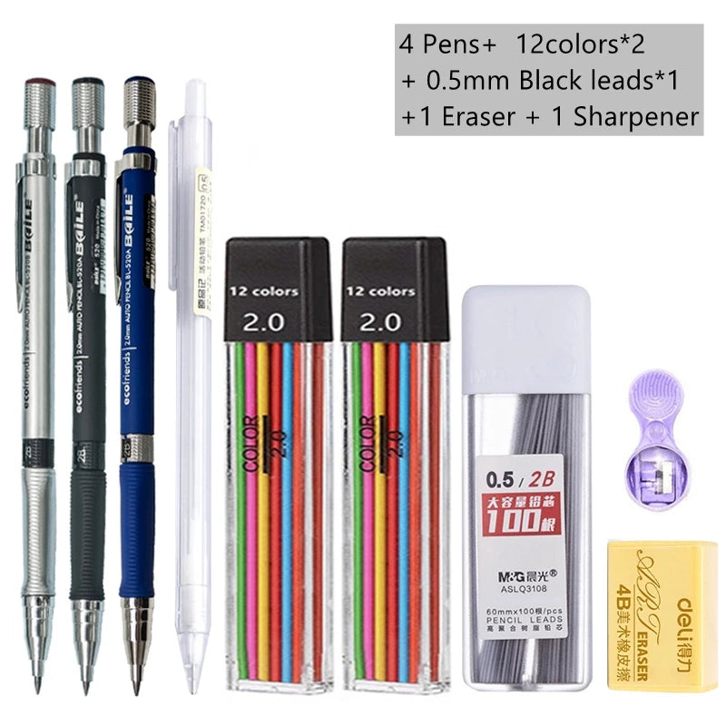 Druckbleistift-Set 2,0 mm mit 2B-Schwarz/Farben-Minenminen zum Schreiben, Skizzieren, Kunst, Zeichnen, Malen, Schule, automatischer Bleistift