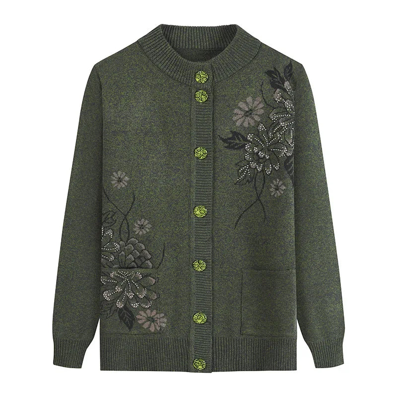 Neue Druck Mittleren Alters Mutter der Frühling Herbst Langarm Pullover Frauen Gestrickte Bodenbildung Shirt Wolle Winter Oma Strickjacke