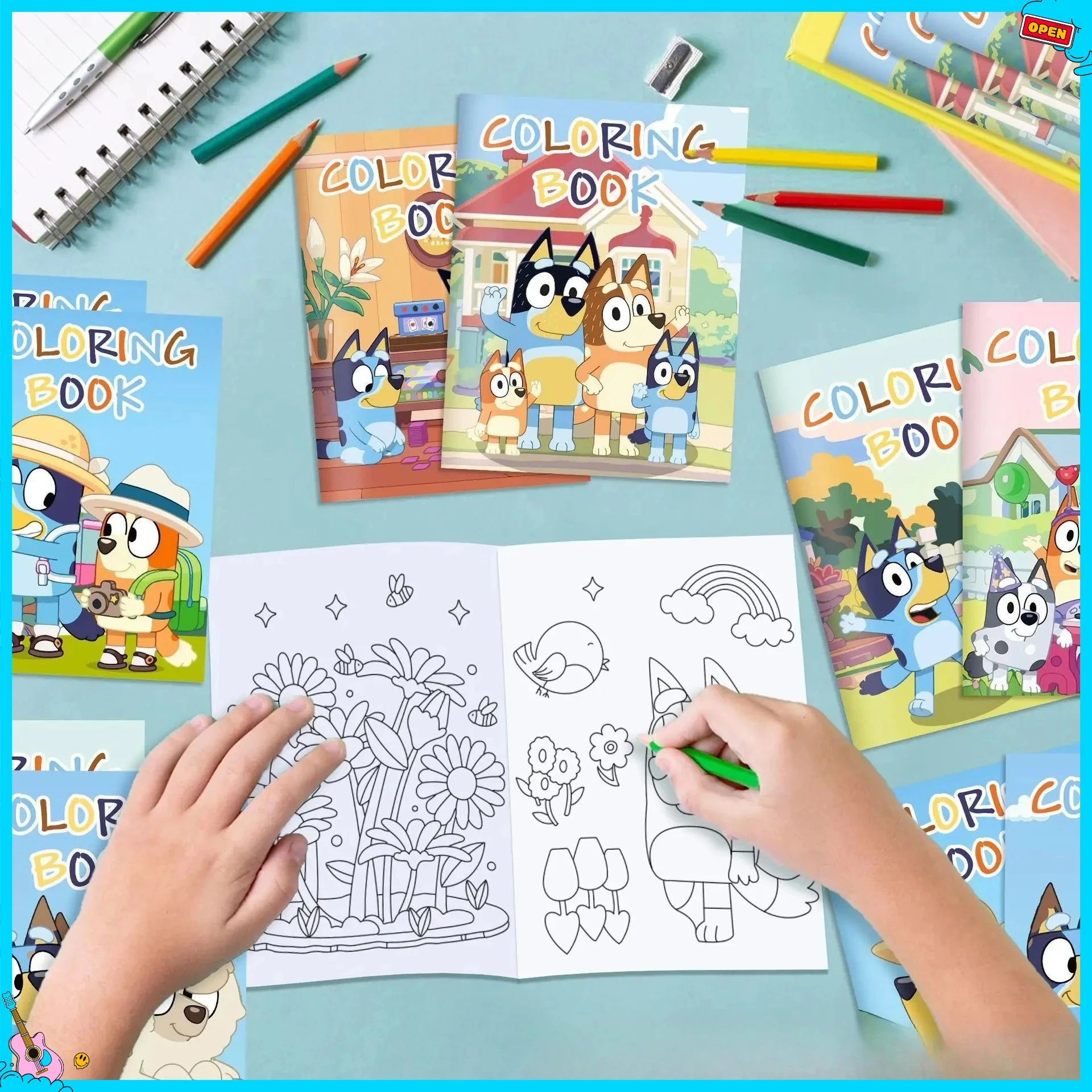12er-Set Bluey Blue Dog DIY Malbuch für Feiertage und Partys, farbenfrohes Stoff-Zeichenbuch, halbierbares Bilderbuch, Graffiti-Malbuch