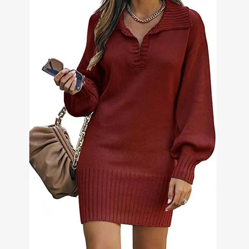 Kleider Damen Herbst Einfarbig Revers Lange Ärmel Einfarbig frauen Büro Pendeln Kleid Roupas Para Festa A Noite Feminina