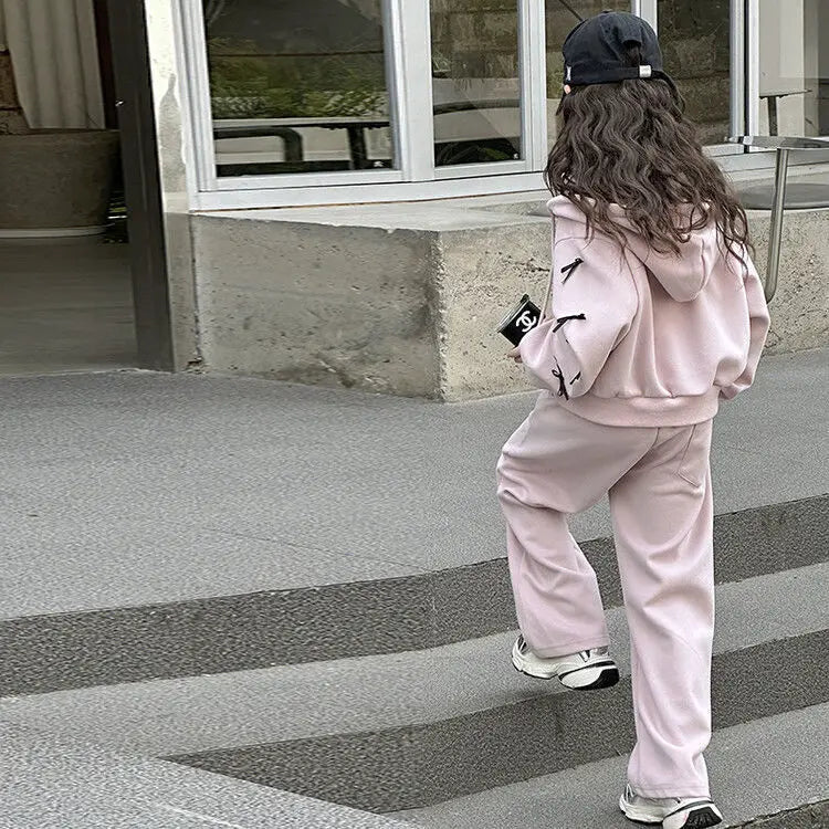 2026 Lässiger Herbst-Winter-Mädchenanzug mit Schleife, lockerem gestreiftem Kapuzenpullover + weiter Hose, Set für Teenager und Kinder, 4 8 10 12 14 15 Jahre