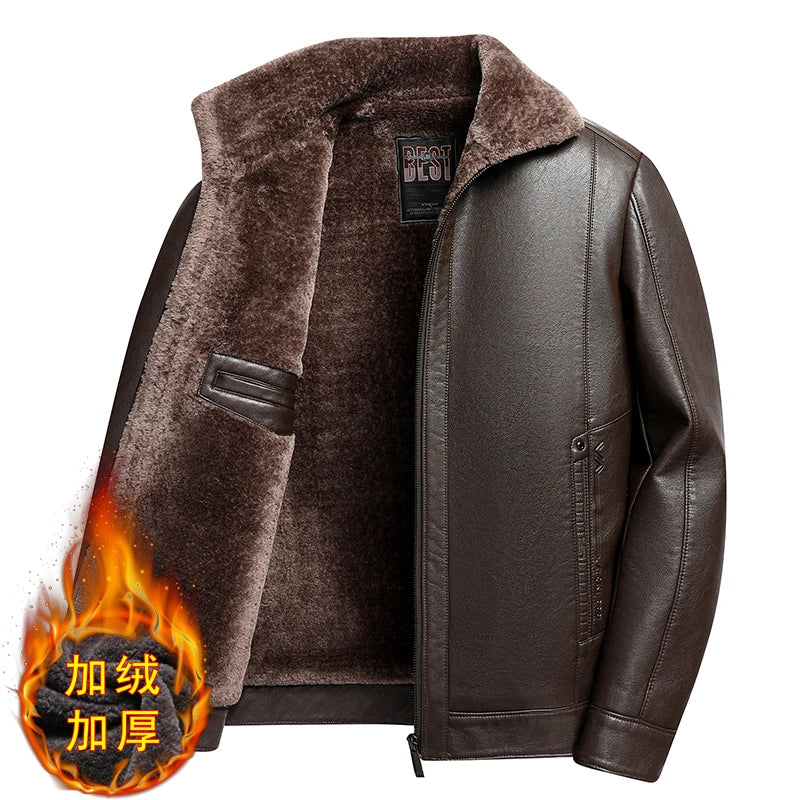Fügen Sie Fleece und verdickende Winter-Papa-Lederjacke für Opa mittleren Alters mit Pelzkragen, Mantel für Herren mittleren Alters für Wärme hinzu