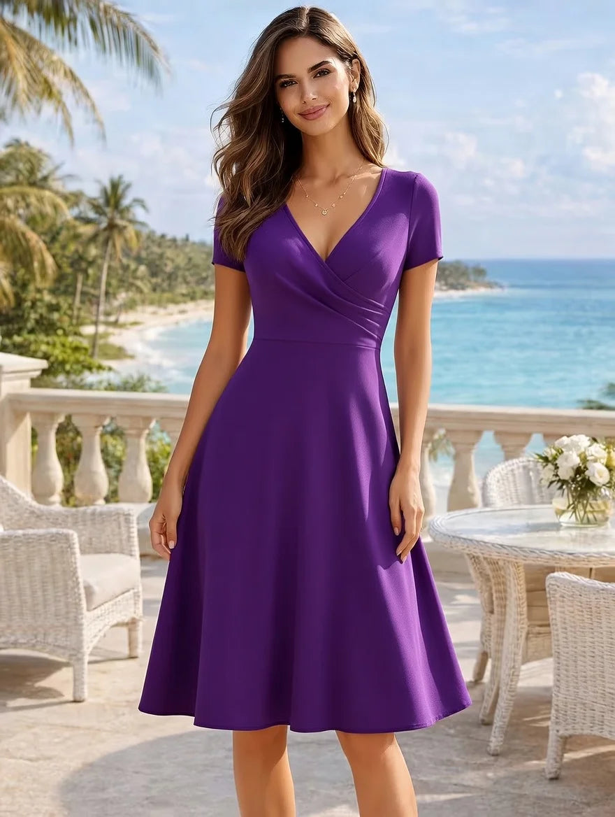 Elegantes Damenkleid mit Rundhalsausschnitt, Kurzen Ärmeln, Einfarbig, A-Linie, Knielang, Hohe Taille, für Partys, Hochzeiten und Freizeit