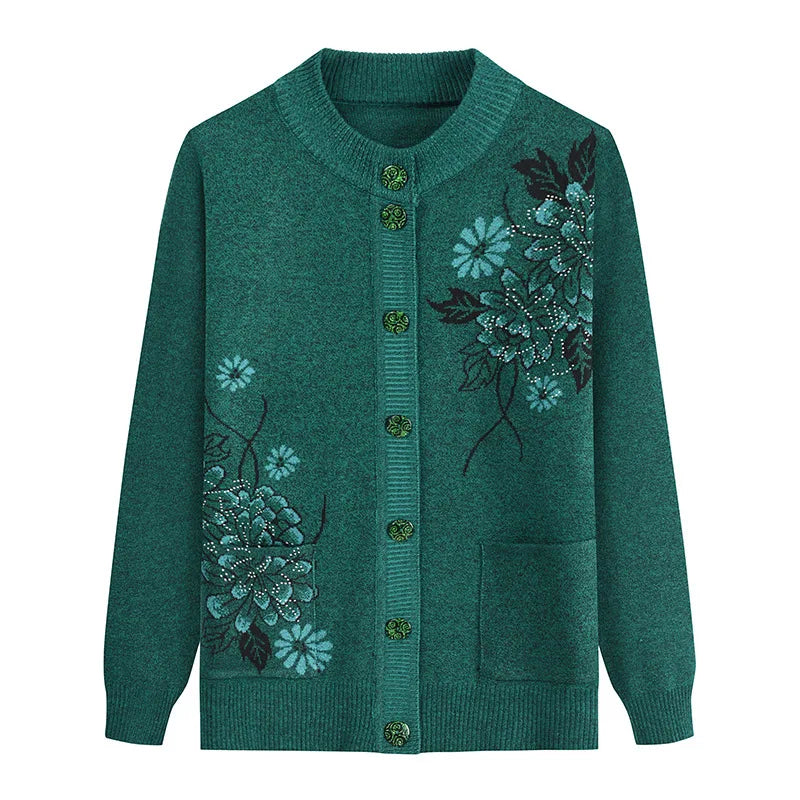 Neue Druck Mittleren Alters Mutter der Frühling Herbst Langarm Pullover Frauen Gestrickte Bodenbildung Shirt Wolle Winter Oma Strickjacke