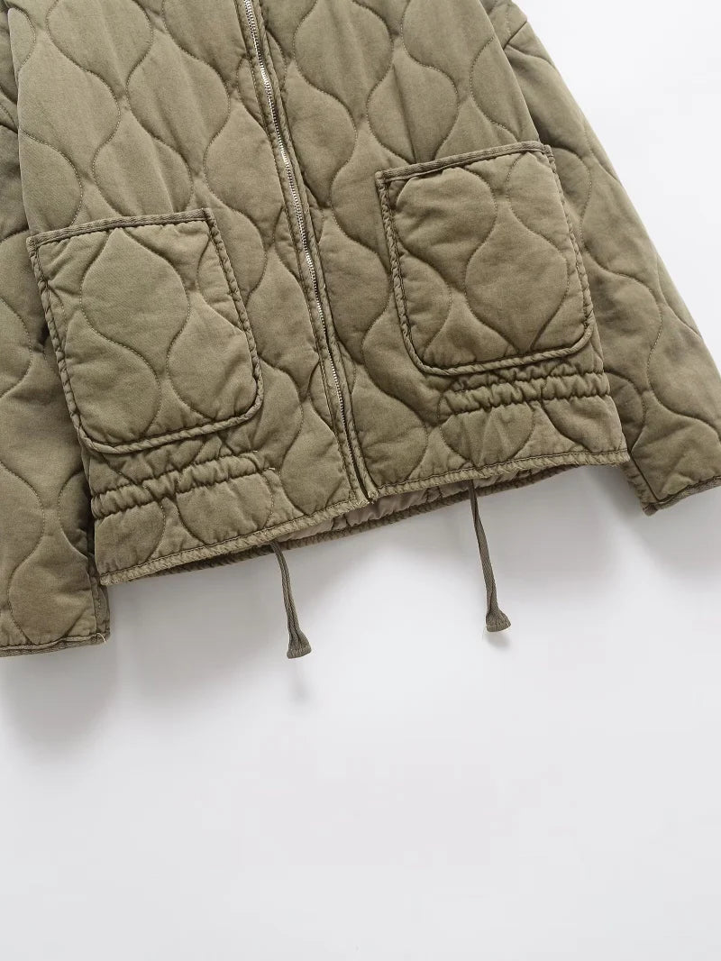 Damen Polyester Gefütterte Jacke 2026 Neuerscheinung Vintage Lenzing Rayon Hochkragen Große Tasche Dekorativer Gesteppter Mantel für Frauen