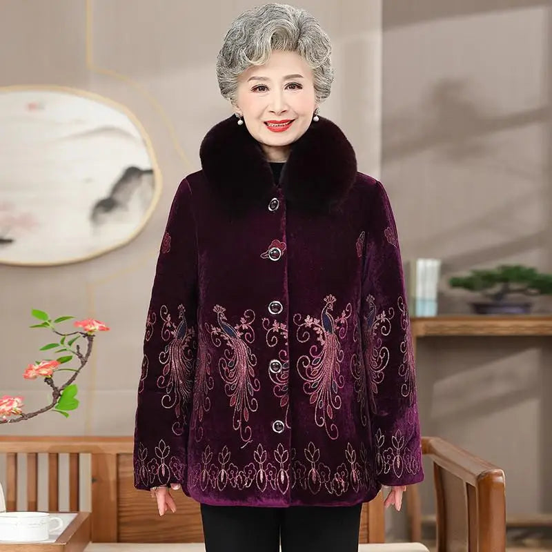 Winter-Damenjacke mit Baumwollpolsterung, 50 bis 80 Jahre alt, Oma-Mantel, dicker Samt, warm, mittleres Alter, Mutterpositionierung, Blumenparka
