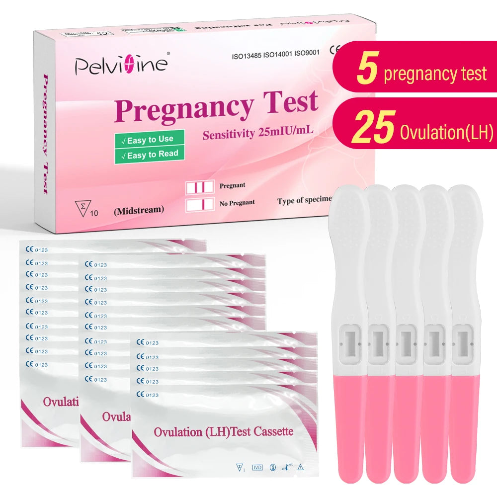 Kit with Pelvifine Ovulation and Pregnancy Test Strips: 25 Ovulation Strips and 5 Pregnancy Test Sticks – Accurate Fertility Tracker
