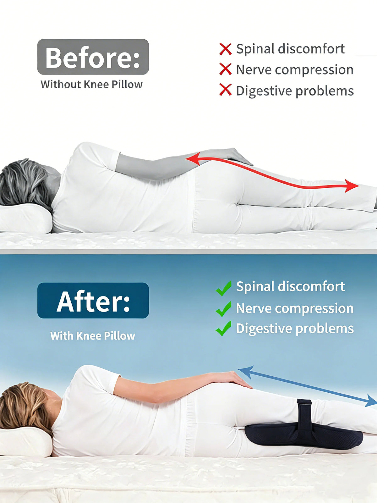 1-Piece Knee Pillow, Ergonomic Side Pillow for Side Sleepers, Back, Legs, Hips, Joints, Pregnancy, Sciatica, Neuralgia, Relief
