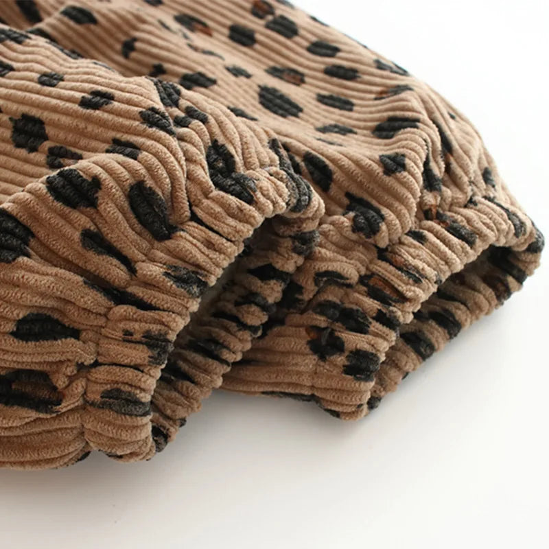 Koreanischer Stil Kleinkind Mädchen Cord Haremshose 1-8Y Leoparden-Blumendruck Herbst Winter gefütterte oder dünne Freizeithose