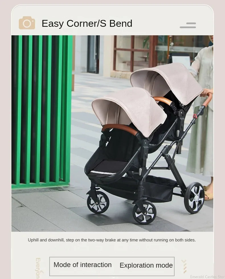 3-in-1-Zwillings-Kinderwagen mit Autositz für zwei Kinder, faltbar, stoßdämpfender Kinderwagen mit hoher Landschaft