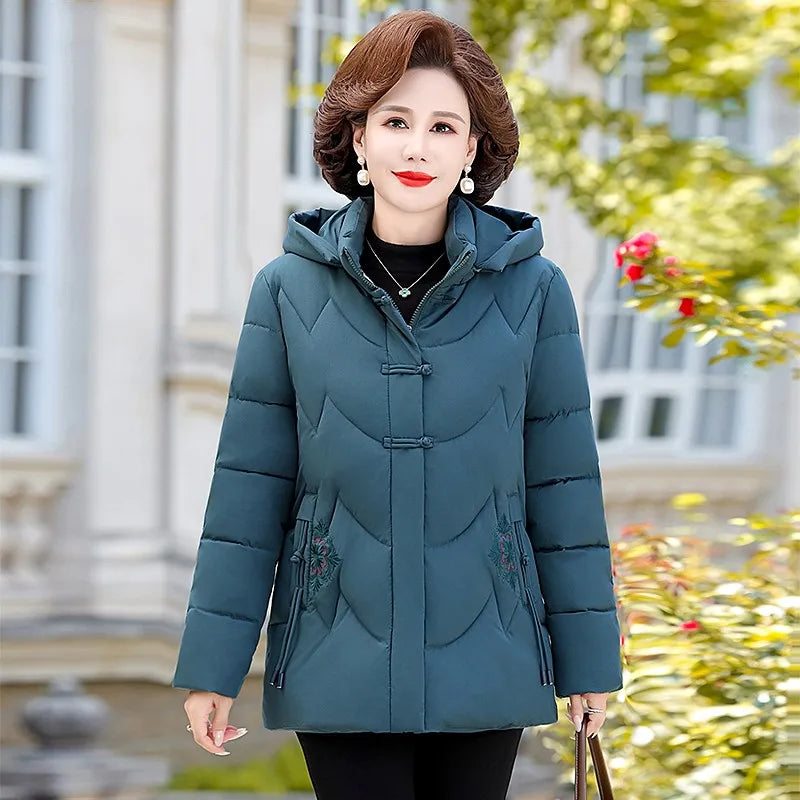 Frauen Winter Puffer Baumwolle Gefütterte Jacke Oma Mit Kapuze Fleece Dicke Parkas Warme Lose Retro Stickerei Schnee Mantel Lose Weibliche