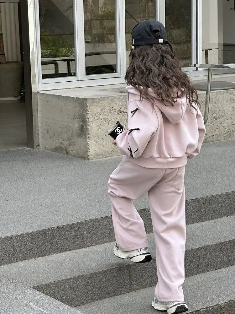 2026 Lässiger Herbst-Winter-Mädchenanzug mit Schleife, lockerem gestreiftem Kapuzenpullover + weiter Hose, Set für Teenager und Kinder, 4 8 10 12 14 15 Jahre