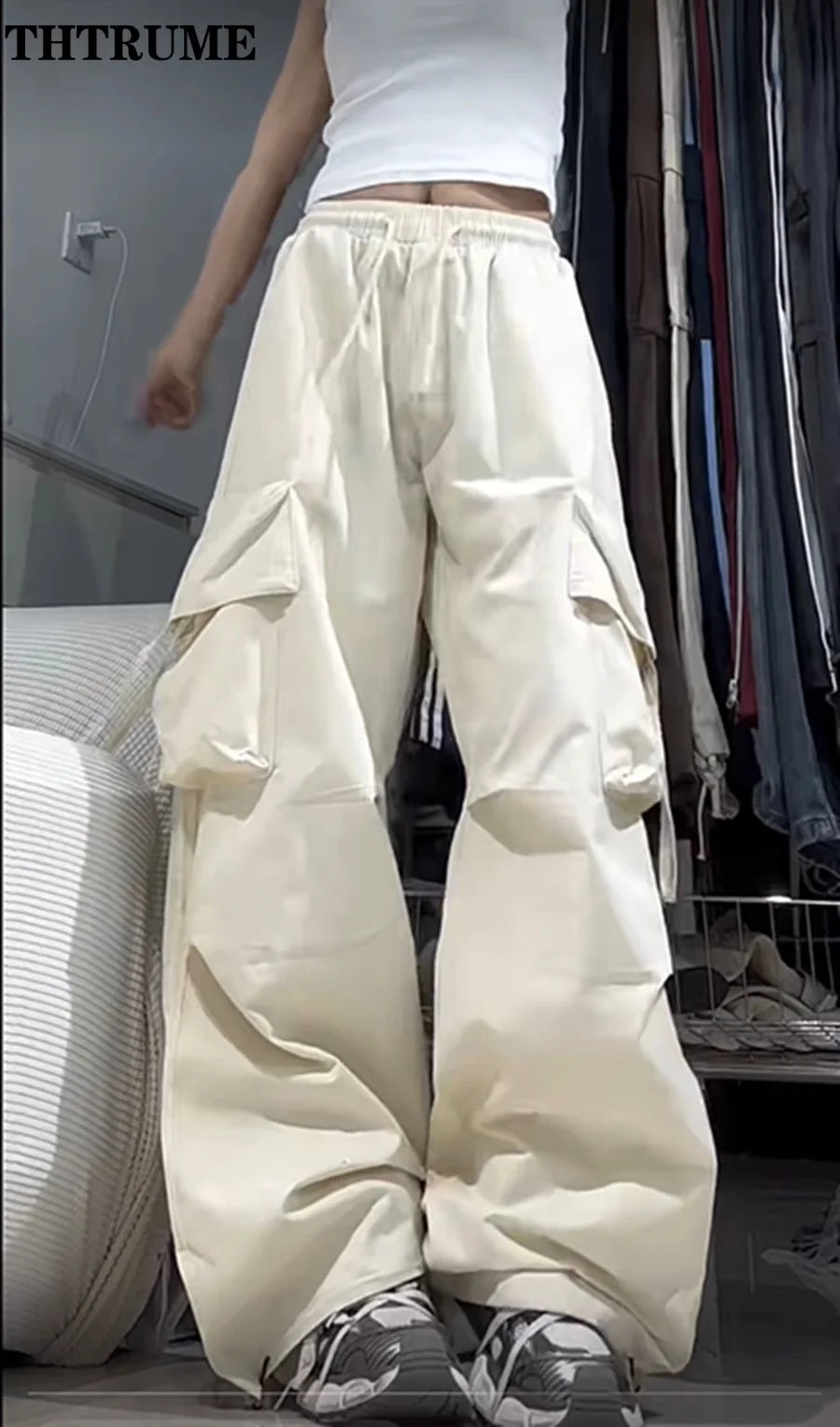 Retro Vintage High Street Baggy Hosen Mode Frauen Übergroßen Kordelzug Tasche Neue Hose Casual Streetwear Lose Jogger Hosen