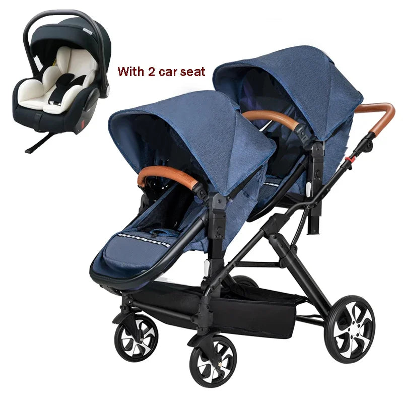 3-in-1-Zwillings-Kinderwagen mit Autositz für zwei Kinder, faltbar, stoßdämpfender Kinderwagen mit hoher Landschaft