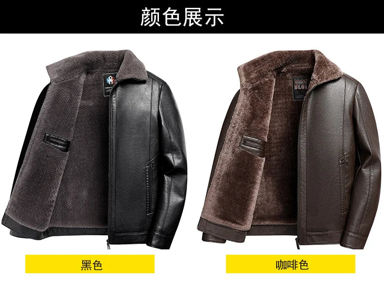 Fügen Sie Fleece und verdickende Winter-Papa-Lederjacke für Opa mittleren Alters mit Pelzkragen, Mantel für Herren mittleren Alters für Wärme hinzu