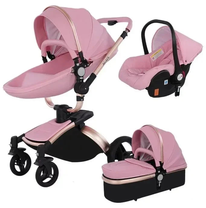 Kinderwagen 3in1 mit abnehmbarem Korb im Autositz. Hochformatige Eierschale aus PU-Leder, Babywagen, Luxuswagen für Babyautos