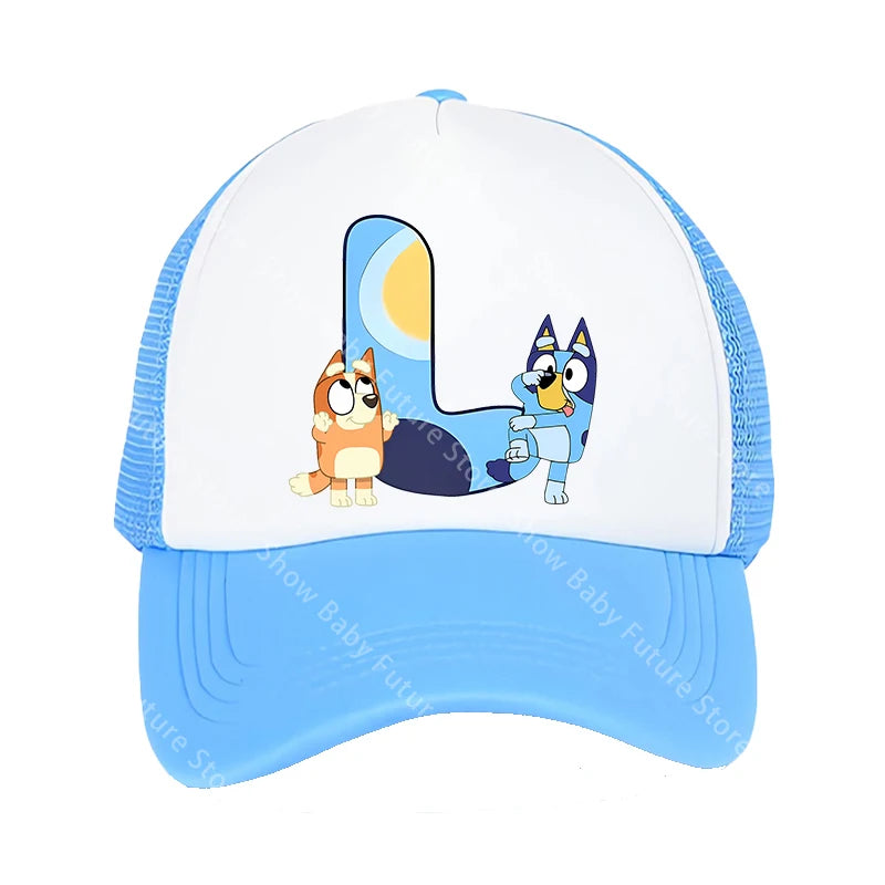 Blueys Baseballkappen für Erwachsene, Jungen und Mädchen, Kawaii-Buchstaben, zwei Größen, atmungsaktive Sport-Mesh-Mütze, niedlicher Cartoon-Anime-Sonnenhut, Geschenke