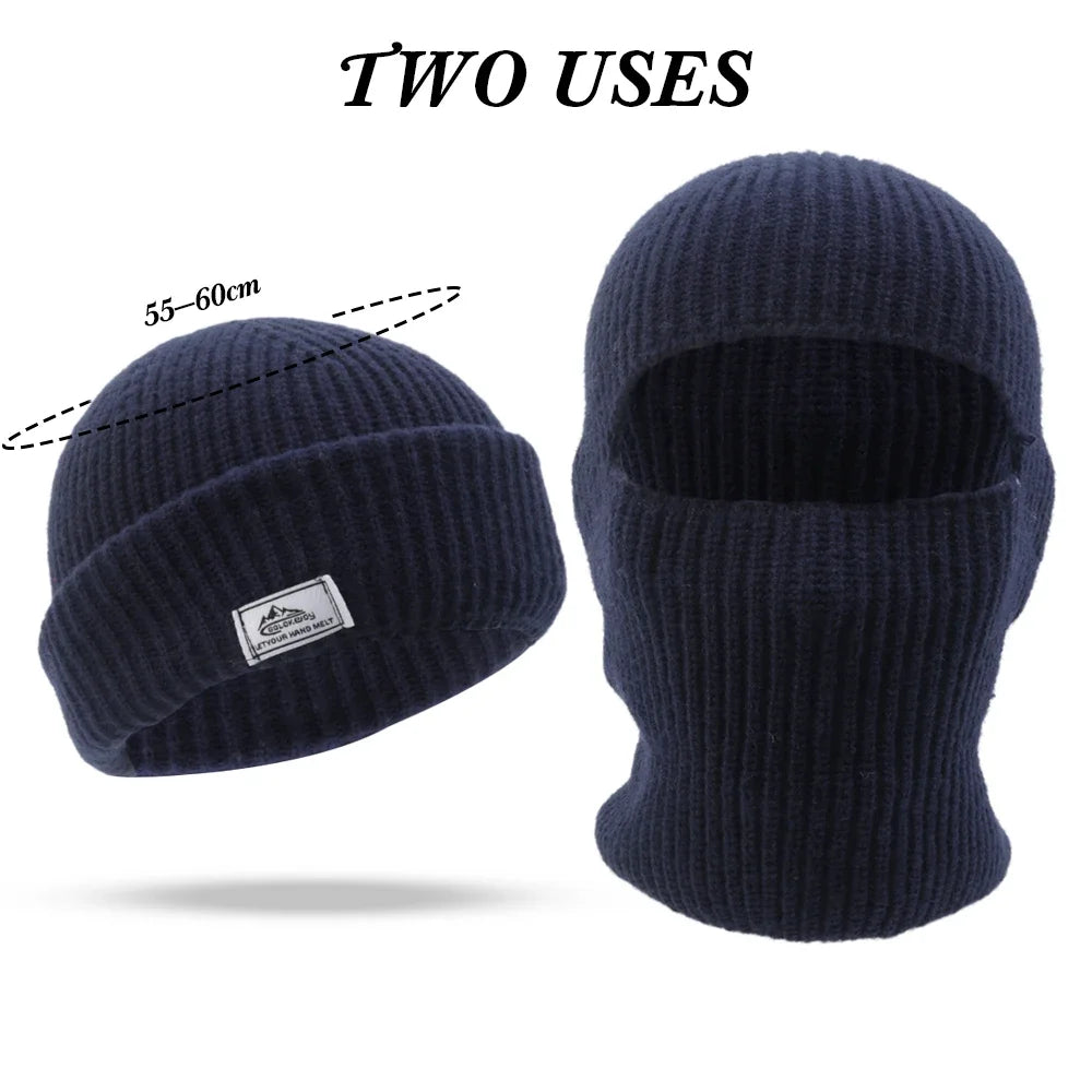 2-in-1 Winter-Maskenmütze Warme Strickmütze Winddichte Einfarbige Vollgesichts-Skimaske Taktische Fahrrad-Ohrenwärmer-Kappe