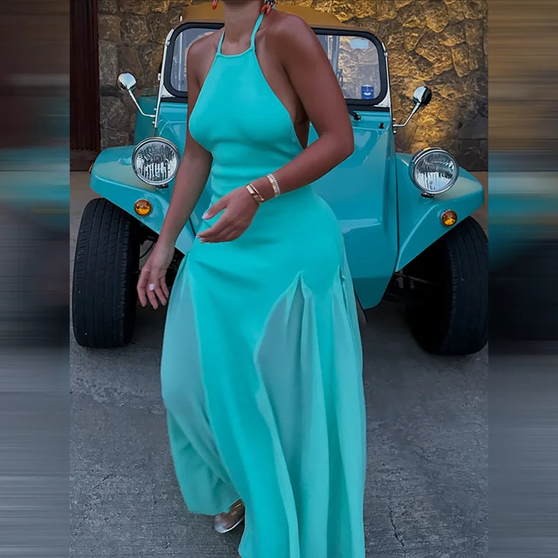 Damen Neckholder-Maxikleid mit offenem Rücken, geripptem Strickoberteil und fließendem Chiffon-Saum – figurbetontes Sommer-Abendkleid für Urlaub und Party