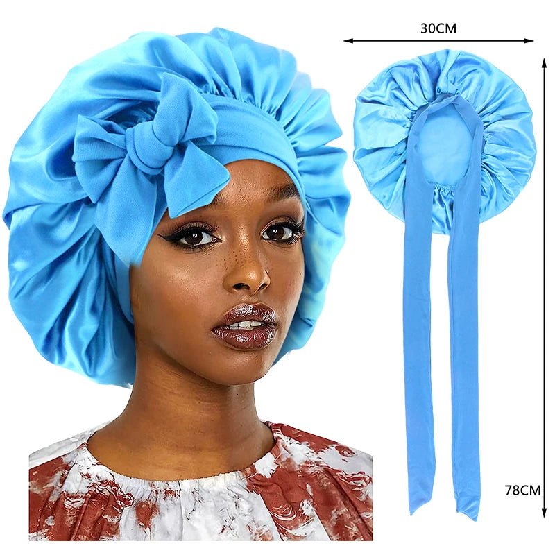 Neue Satin Schlafmütze Für Frauen Feste Breite Band Stretch Kopf Krawatte Seidige Motorhaube Rand Wrap Schlummertrunk Haarpflege Dusche Kopf Abdeckung