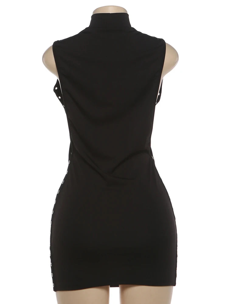 Kliou Mini-Kleid mit seitlichem Ausschnitt, O-Ausschnitt, ärmellos, Metallringen, figurbetont, pfirsichfarben, für Mitternachtsclub-Partys