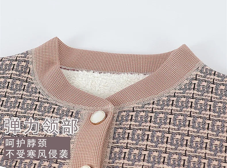 Verdicken Samt Plaid Pullover Für Frau Langarm Top Heißer Herbst Winter Oma Kleidung Warme Strickjacke Frauen Strickwaren Jacke