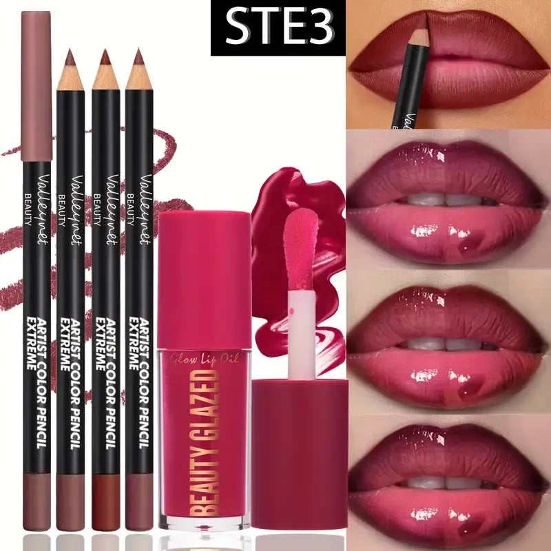 4-teiliges Lippen-Set – 3 Stück Lipliner + 1 Stück Lip Glaze, wasserfest und langanhaltender mattierter Effekt, vielseitig einsetzbar für lässige und formelle Anlässe.