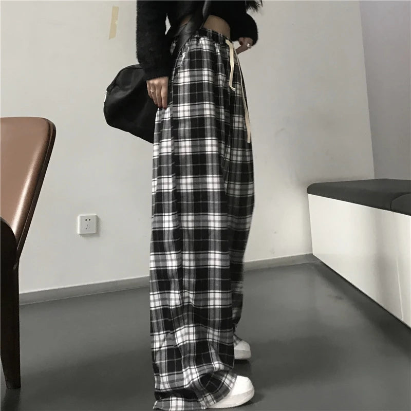 Oversize Frauen Jogginghose Mode Schwarz Plaid Casual Hosen Baggy Elastische Taille Taschen Student Unisex Hip Hop Lose Hosen