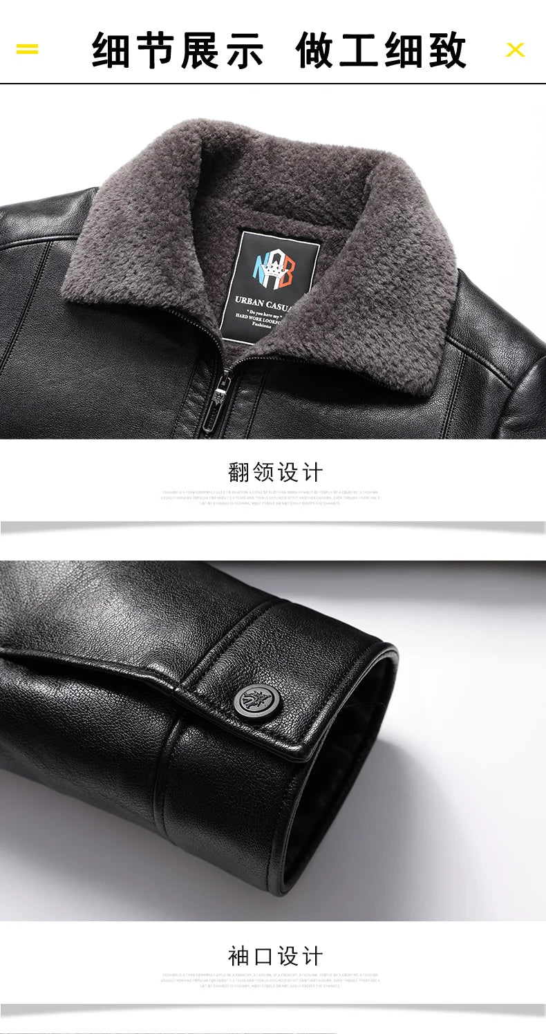 Fügen Sie Fleece und verdickende Winter-Papa-Lederjacke für Opa mittleren Alters mit Pelzkragen, Mantel für Herren mittleren Alters für Wärme hinzu