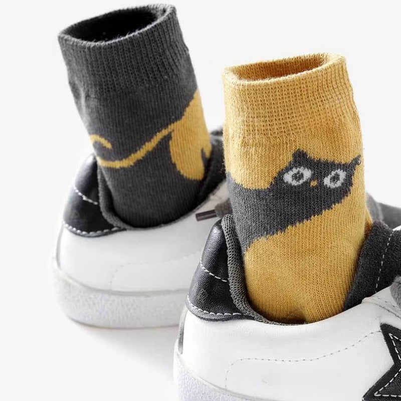 5/10 Paar Kindersocken Herbst Winter Mittellange Socken mit Cartoon-Katzenmuster Bequeme, atmungsaktive Kindersocken für Jungen und Mädchen