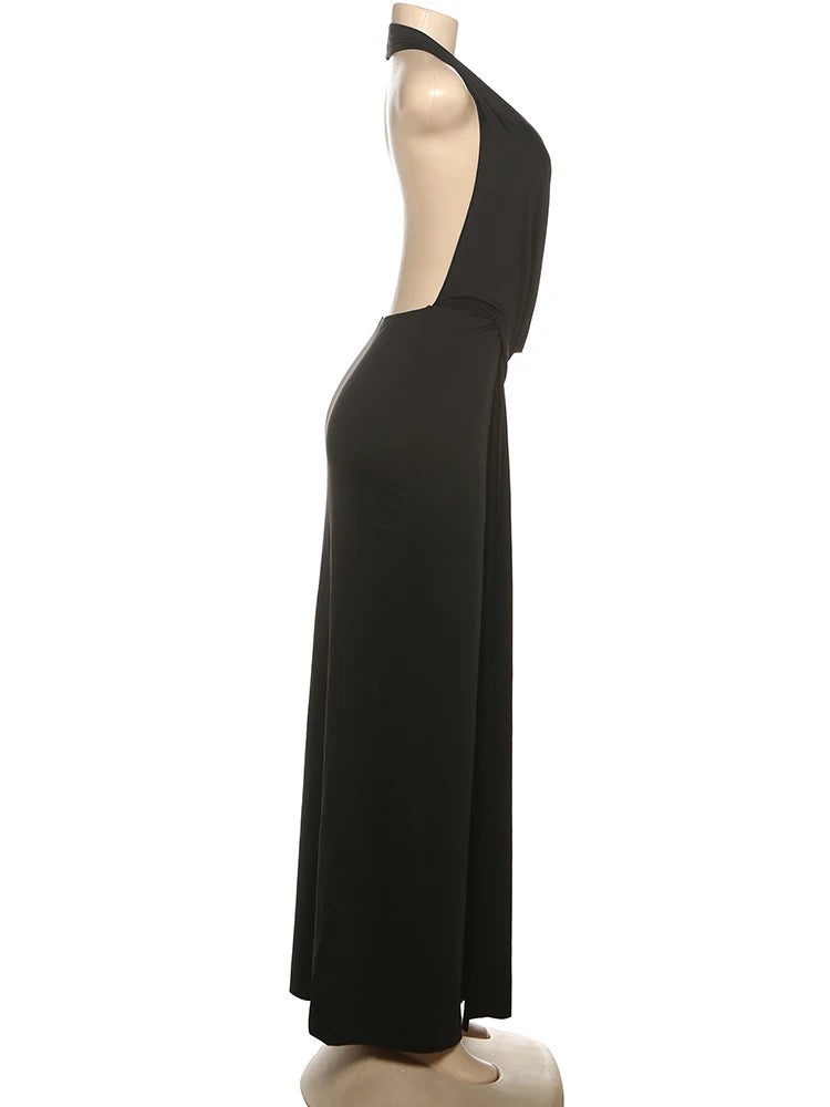 Sisterlinda Sexy High Splits Langes Kleid Frauen Halter Tiefem V-ausschnitt Backless Ärmellose Sommer Pool Party Geraffte Elegante Vestidos