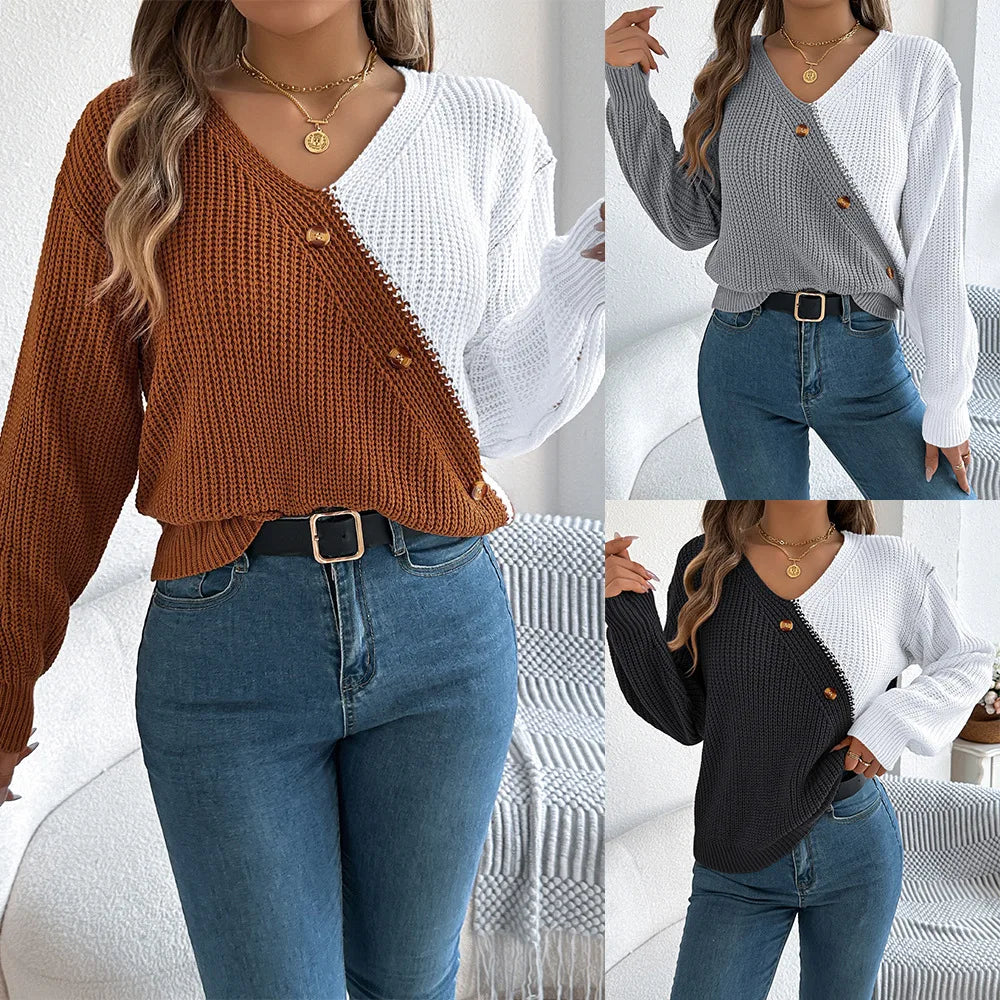 V-Ausschnitt, farbblockierender, langärmliger Strickpullover, lockerer, vielseitiger Pullover, Kazak, eleganter Pullover für Damen, Herbstmodus