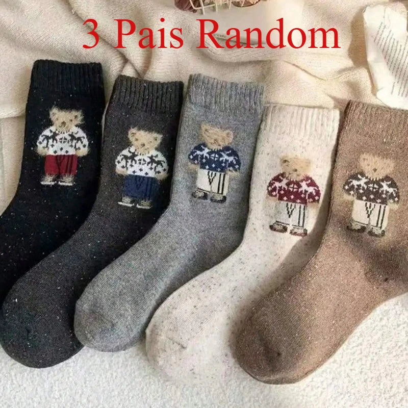 2/3/5 Paar Mädchensocken mit schönen Cartoon Bears, Autumn-Winter thick, warm Wollstocken